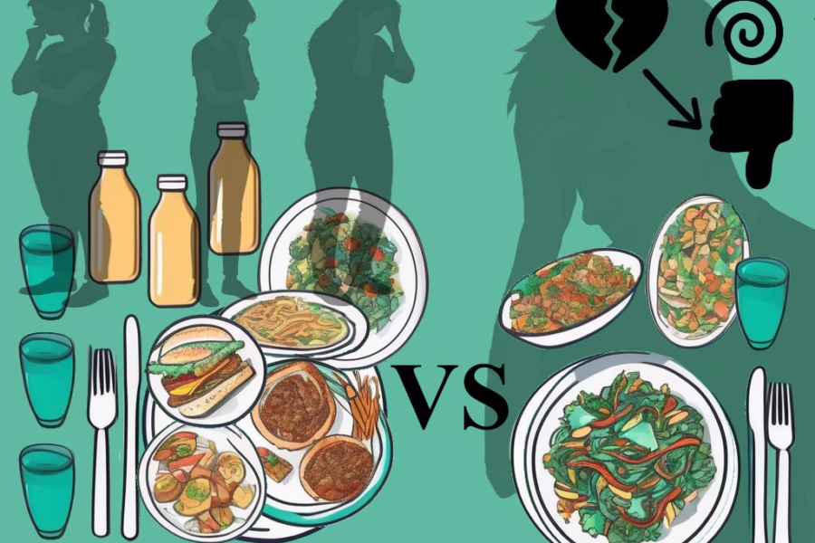 Illustration of a post: What's The Difference Between Binge Eating and Overeating? showing two plates. Left is for binge eating with three female above it showing embarrassment and distress. Right side shows a place setting with a lot of side dishes. A silhouette of a distressed teenager with symbols representing triggers to overeat