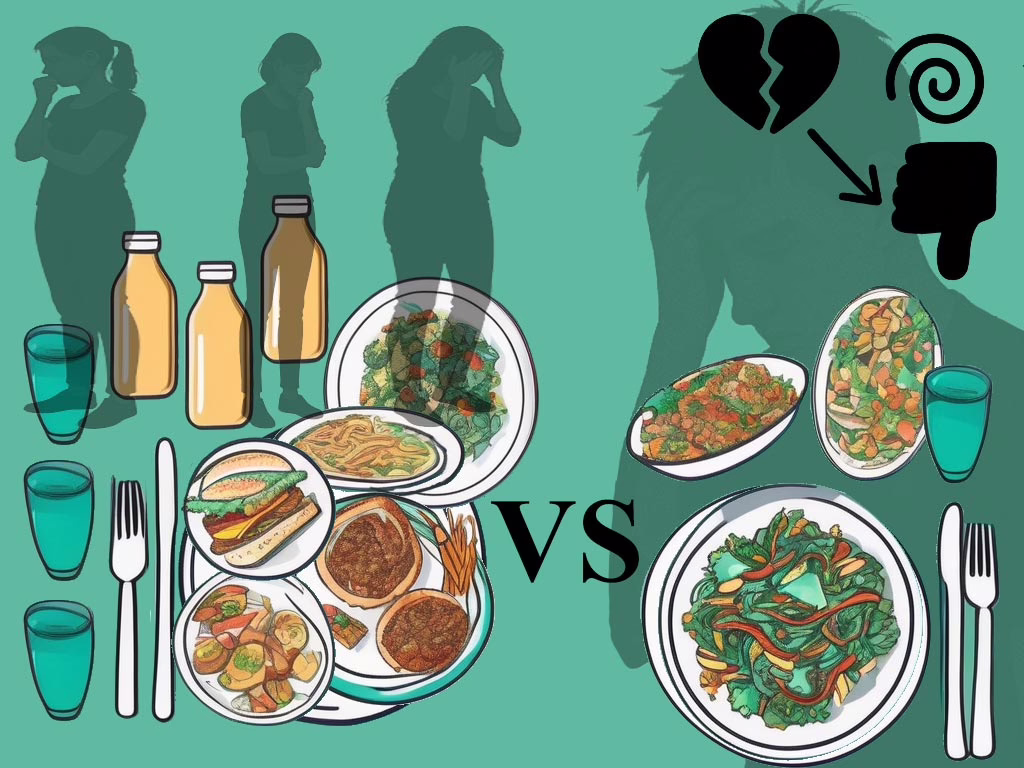 Illustration of a post: What's The Difference Between Binge Eating and Overeating? showing two plates. Left is for binge eating with three female above it showing embarrassment and distress. Right side shows a place setting with a lot of side dishes. A silhouette of a distressed teenager with symbols representing triggers to overeat