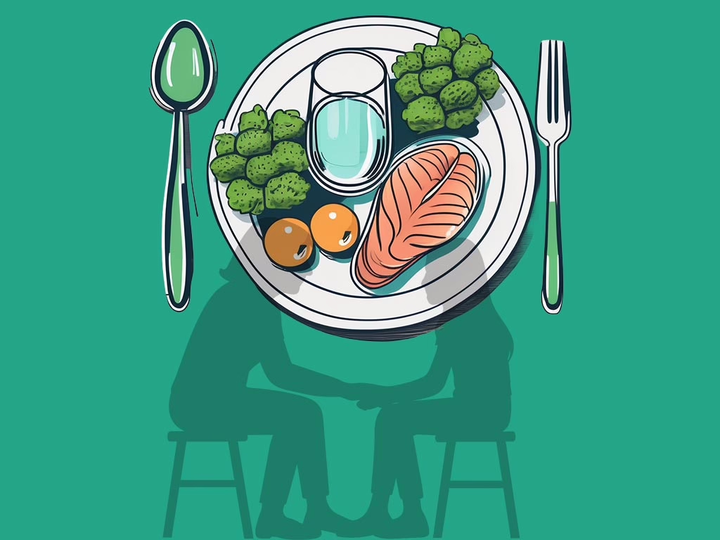 Illustration of a post: What's The Difference Between Binge Eating and Overeating? showing a place setting with a plate of healthy food. Below is a soft silhouette of a girl and her therapist
