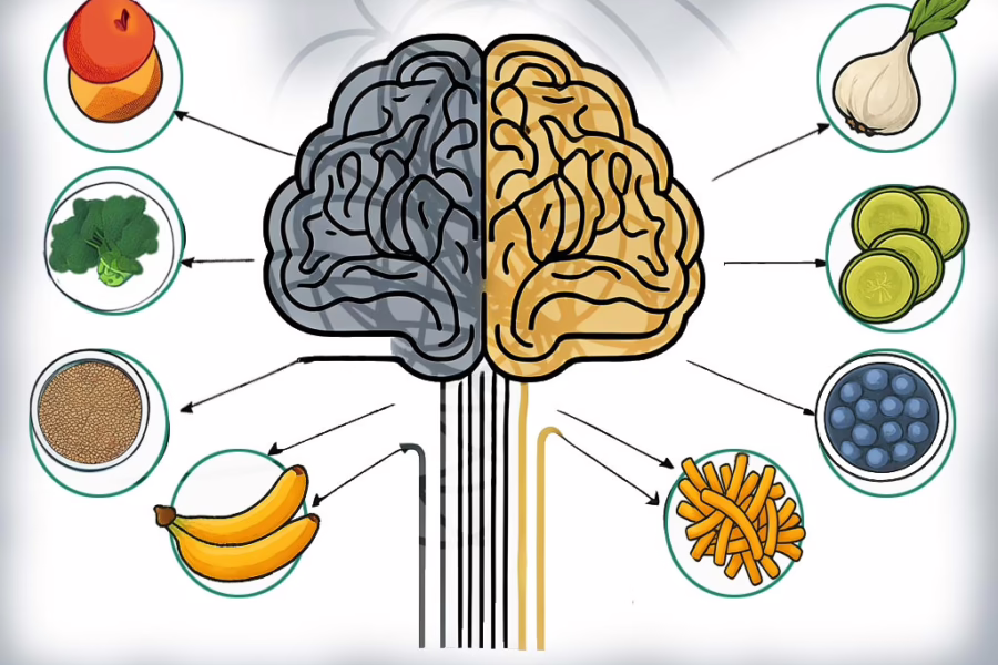 Illustration of for post: ARFID and Sensory Processing: Understanding the Connection showing a brain with arrows pointing to circles with different foods and a faint shadow of scribbly lines above the brain.