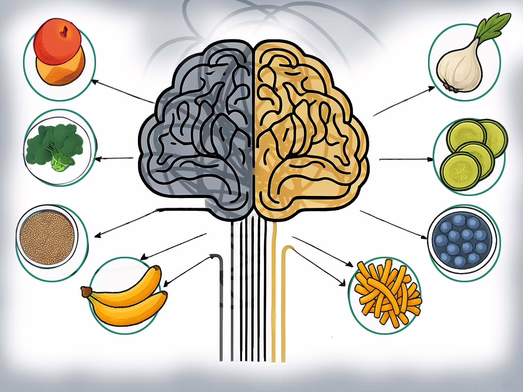 Illustration of for post: ARFID and Sensory Processing: Understanding the Connection showing a brain with arrows pointing to circles with different foods and a faint shadow of scribbly lines above the brain.