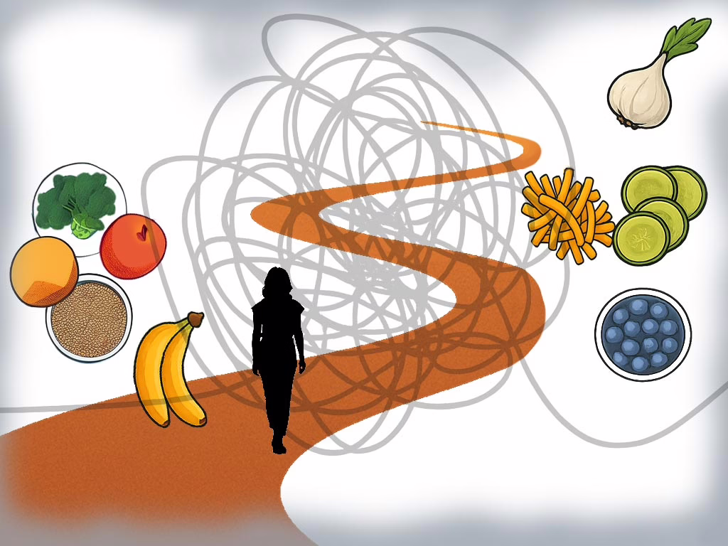 Illustration of for post: ARFID and Sensory Processing: Understanding the Connection showing a female starting to walk on a winding path with different foods on either side and faint scribbly lines represent
ing ARFID sensory processing.