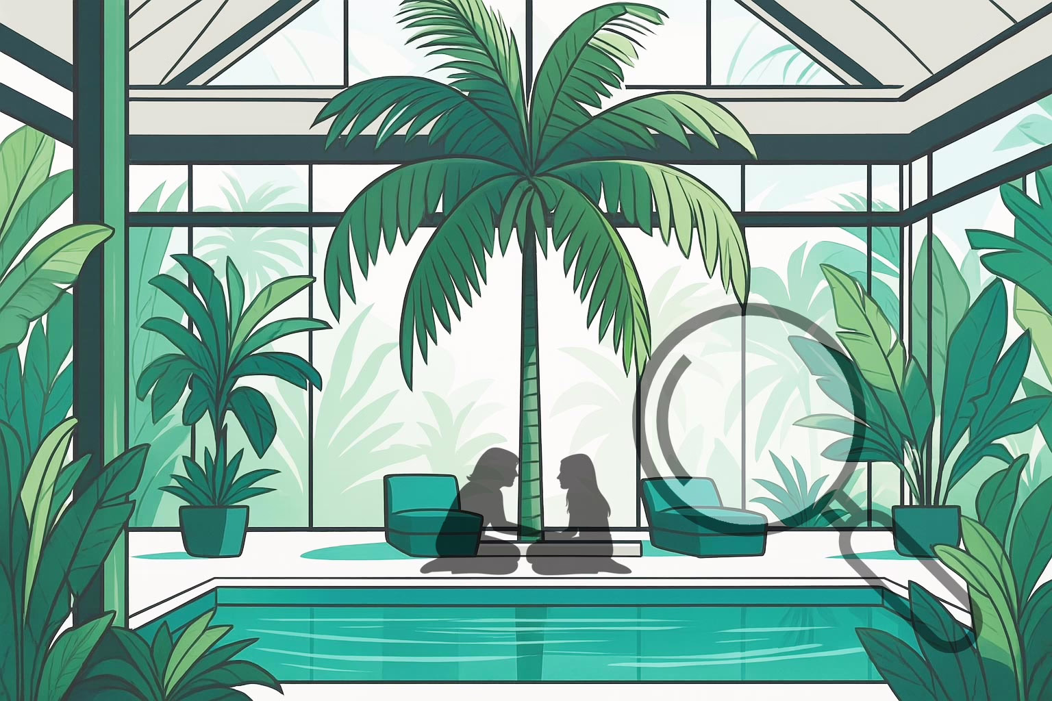 Illustration for post: Choosing the Best Eating Disorder Treatment Centers showing a room with a reflection pool and tropical foliage, a therapist and patient kneeling and clasping hands with a magnifying glass looking in from the right.