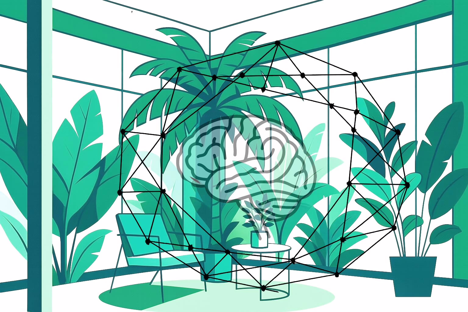 Illustration for post: Choosing the Best Eating Disorder Treatment Centers showing an airy room with tropical plants and an overlay of an outlined brain with geometric lines and dot connections.