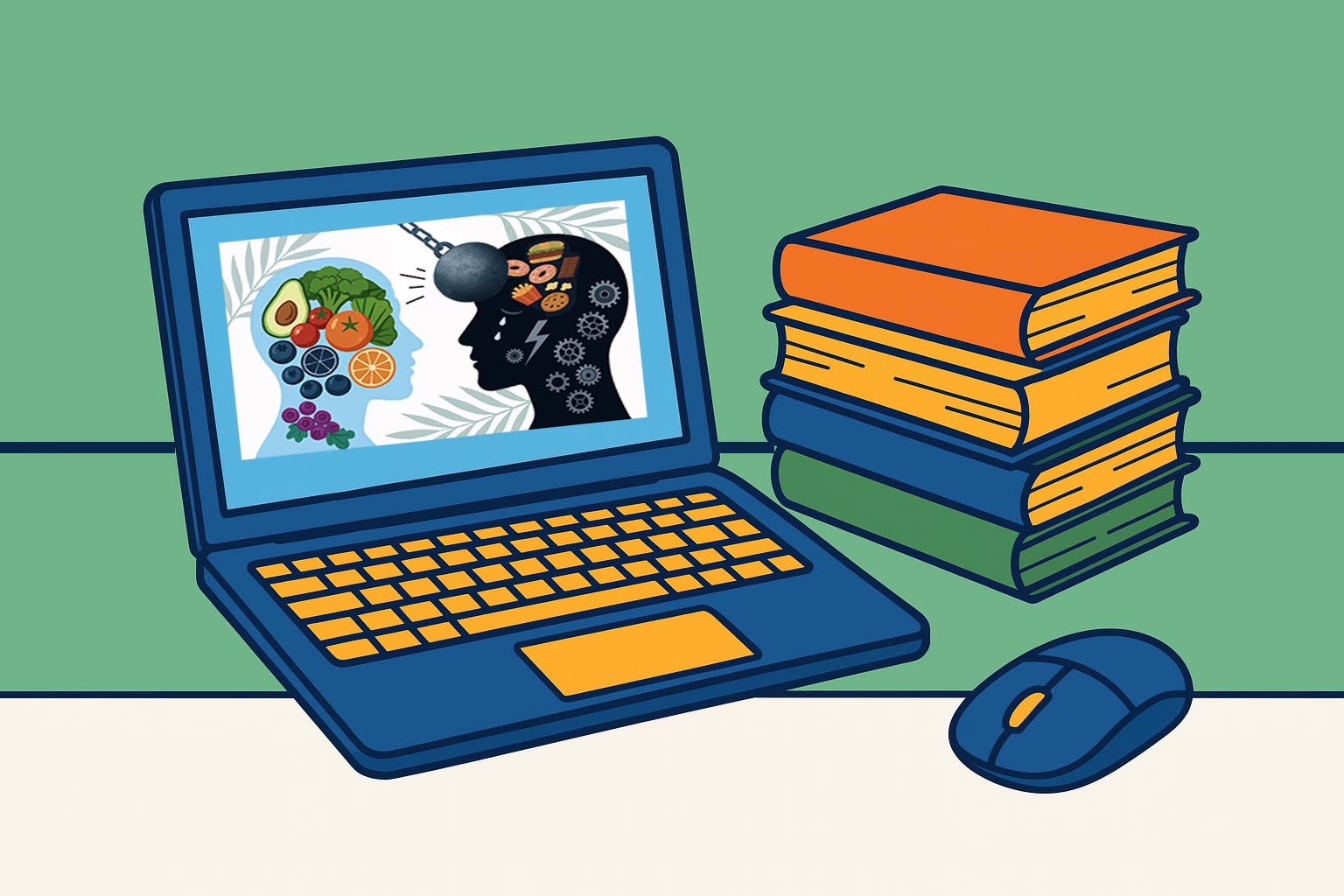 Illustration for the post: Effective Eating Disorder Treatment Training Methods for Caregivers showing a ncomputer showing an eatting disorder, a stack of books and the computer mouse.