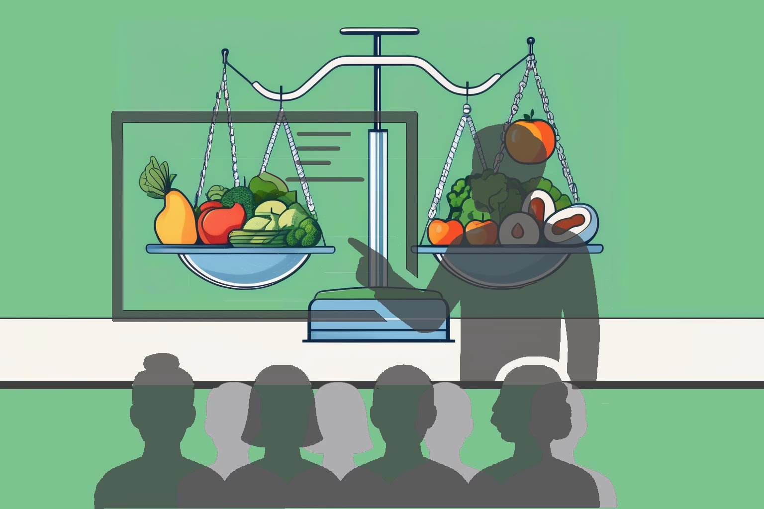 Illustration for the post: Effective Eating Disorder Treatment Training Methods for Caregivers showing a number of people in silhouette listening to an instructor who is pointing to a scrren with a bowl of healthly fruit and vegetables
