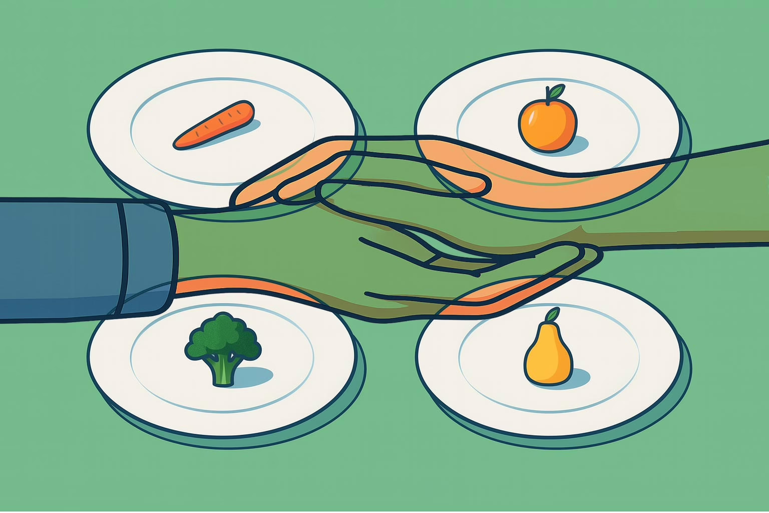 Illustration for the post: Effective Strategies for Restrictive Eating Disorder Treatment showing four plates, each with a small foofruit or vegetagle with supporting hands overlaying the plates
