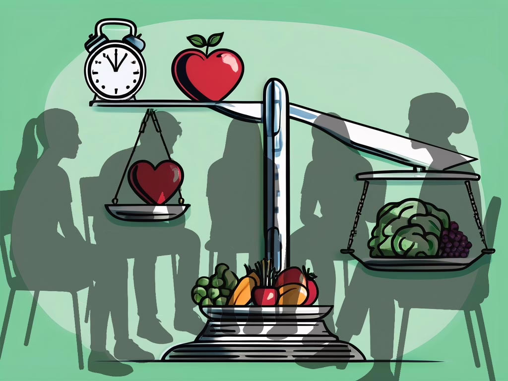 Illustration for a post: Benefits of Intensive Outpatient Program for Eating Disorder Treatment showing a group of silhouettes of teenagers in a semi circlewith a therapist with a food scale balancing food and a heart. At the base is a platter full of healthy food