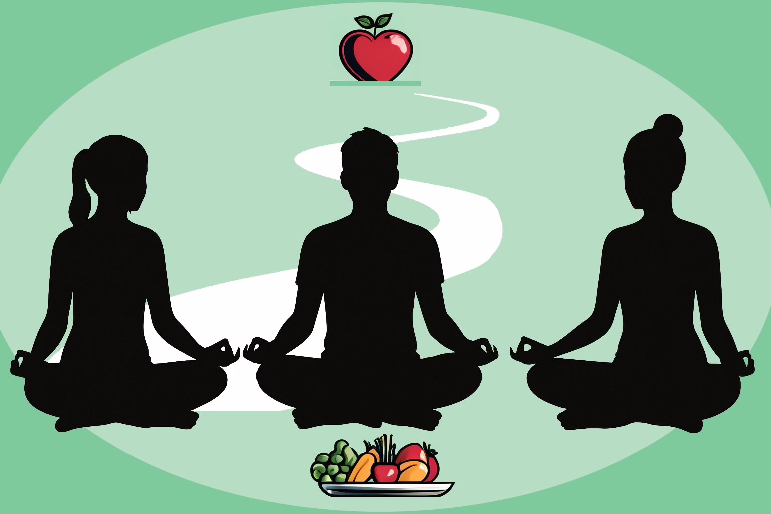 Illustration for a post: Benefits of Intensive Outpatient Program for Eating Disorder Treatment showing a three black silhouettes of 2 females and 1 male in the lotus position. A white winding path leads to a heart in the distance.