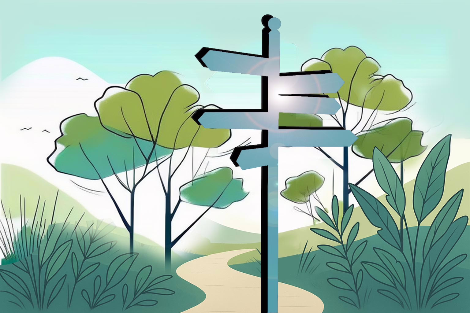 Illustration concept: Choosing the Right Private Eating Disorder Treatment shows sign post with muliple arrows pointing different ways with path way