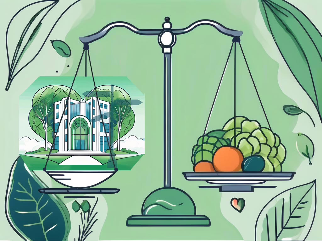 Illustration for post: Choosing the Right Private Eating Disorder Treatment: A Comprehensive Guide showing a scale. Left side has a building while right side has healthy food.