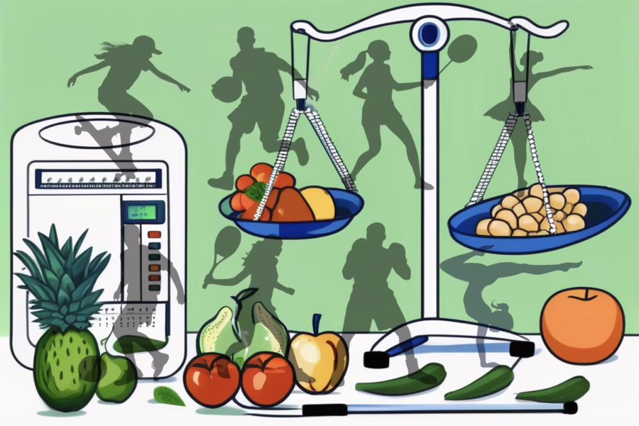 A balanced scale with healthy food on each side, weight scales on left with silhouettes of male and female athletes overlaid