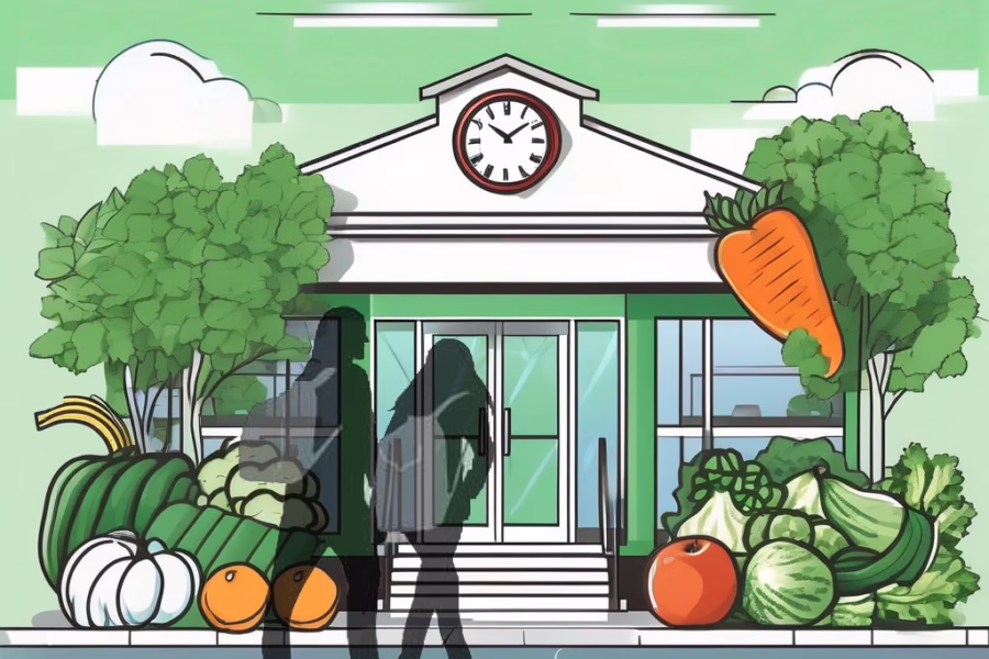 Illustration for post: Essential Guide to Eating Disorder Day Program showing two teenagers with backpacks walking towards building surrounded by healthy fruit and vegetables