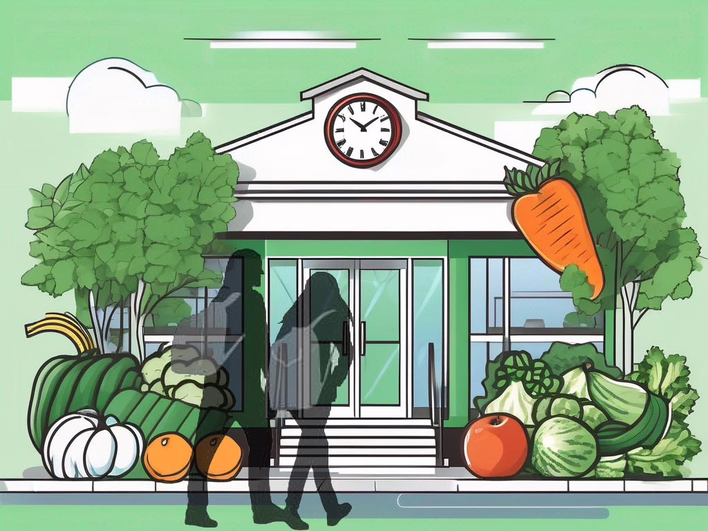 Illustration for post: Essential Guide to Eating Disorder Day Program showing two teenagers with backpacks walking towards building surrounded by healthy fruit and vegetables