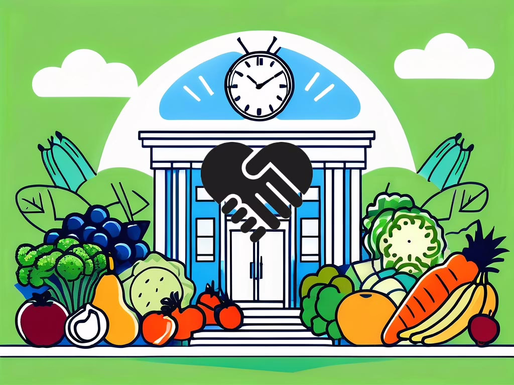 Illustration for post: Essential Guide to Eating Disorder Day Program showing building surrounded on either side with healthy fruit and vegetables. In the dorway is a symbol of two hands shaking offering support