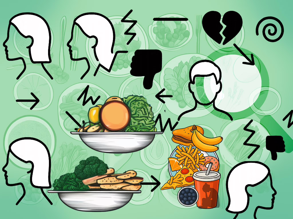 Illustration for the post: Examining the Potential Causes of Binge Eating Disorder: A Comprehensive Guide showing a magnifying glass looking at psychological factors symbols along with bowls with food and a a number of different fast food