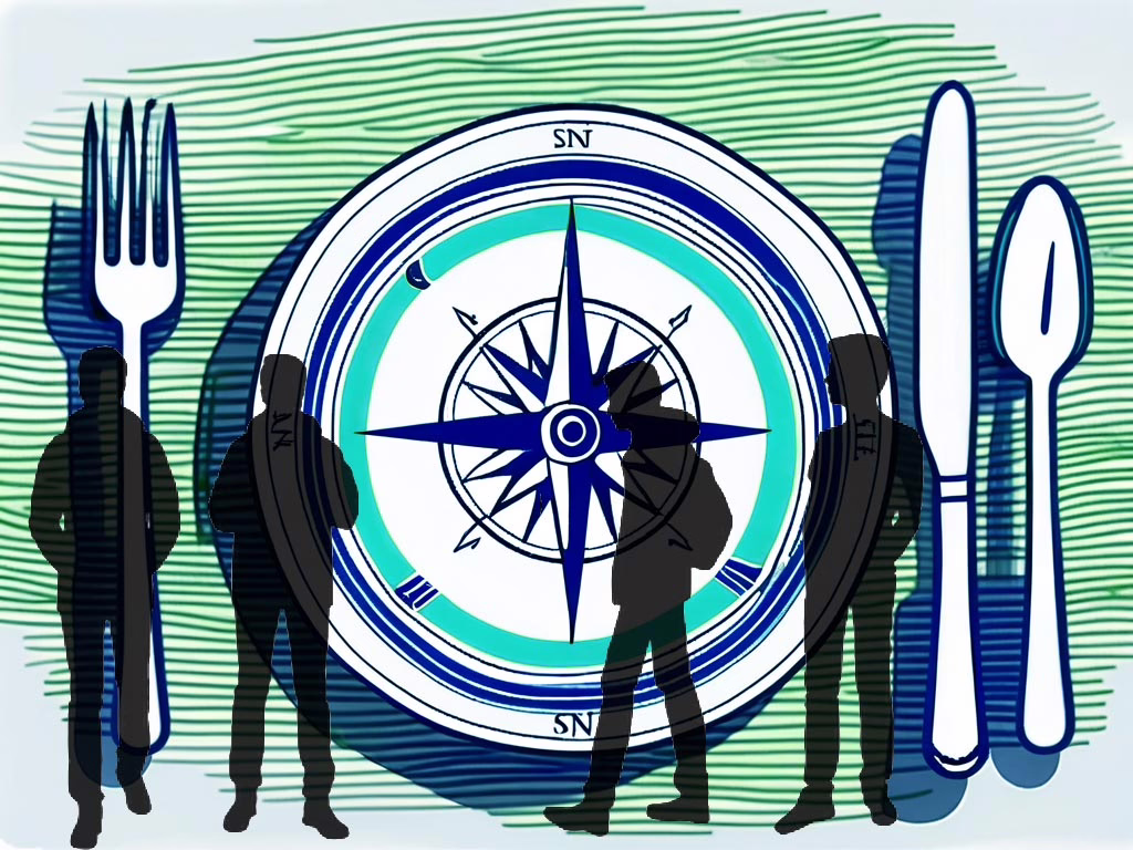 Illustration for a post: Guiding Teen Males through Eating Disorder Treatment: Tips and Strategies showing a plate with a compass in the center with silhouettes of 4 teenage males.