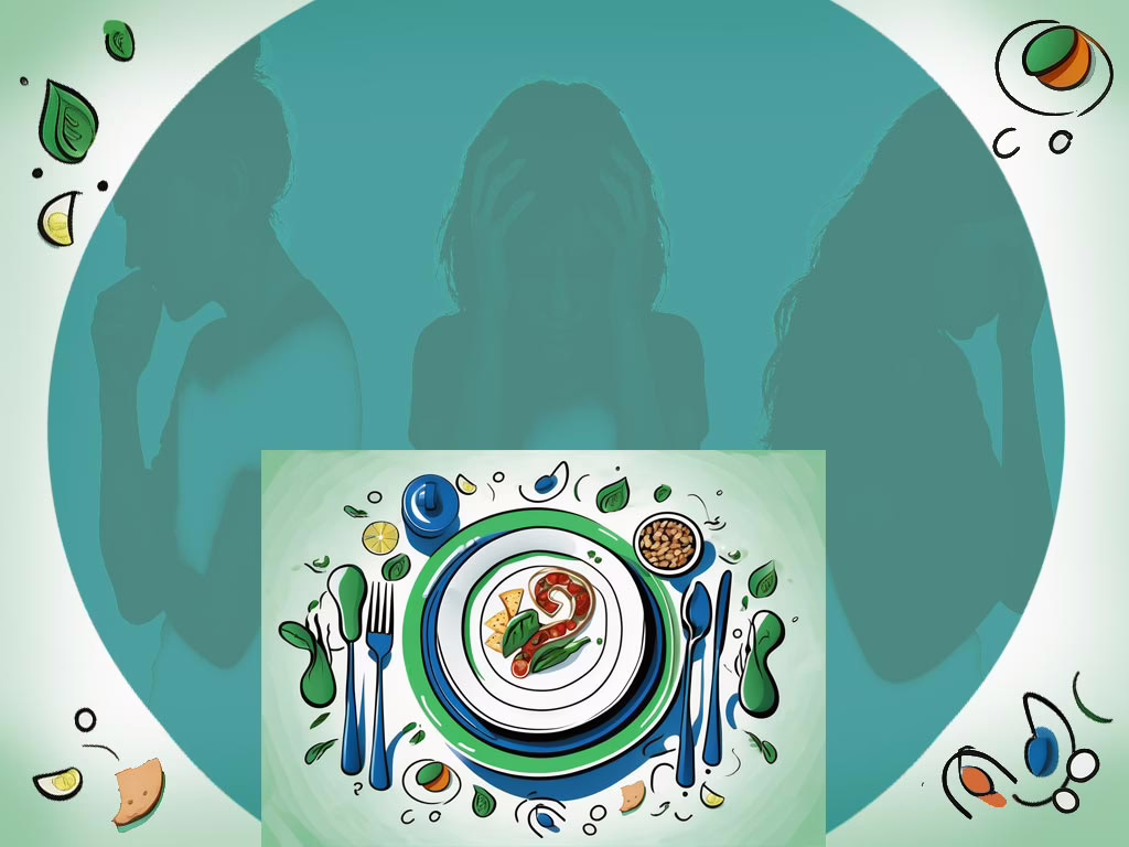 Illustration for a post: Identifying the Signs: Do I Need Eating Disorder Treatment? showing 3 distressed women within a circle in shadow with a place setting with healthy food in the for ground