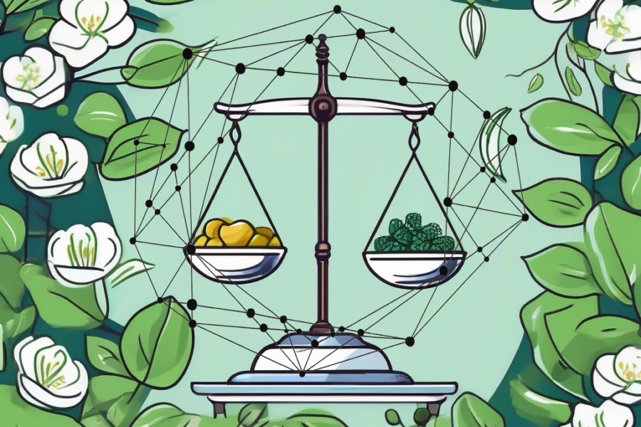 Illustration for post: Interpreting Eating Disorder Recovery Statistics in Treatment Planning showing a food scale with food balancing on either side surrounded by white flowers and leaves. imposed over the food scale is a 9 sides geometric linear shape with dots connection each line
