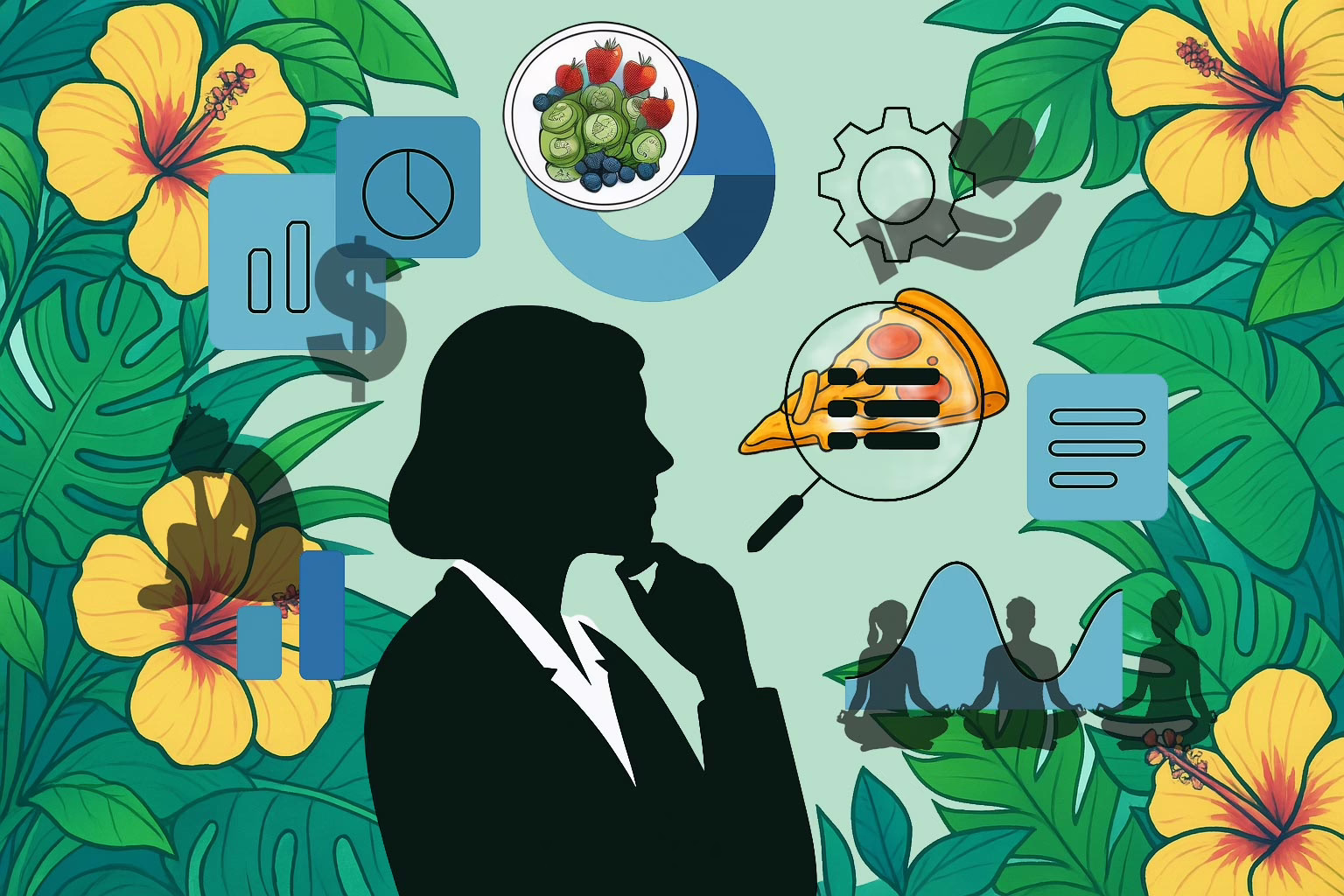 Illustration for post: Interpreting Eating Disorder Recovery Statistics in Treatment Planning showing a female therapist with hand of chin while contemplating the statics surrounded her accompanied with small images of food, food, supporting hand with hart, teenager in despair. Around the edges there are tropical yellow flowers and leaves.