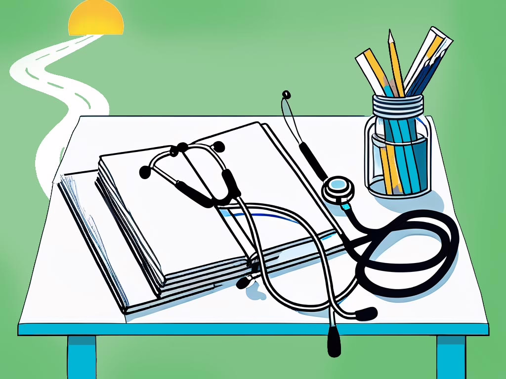 Illustration for a post: Pediatric Eating Disorder Treatment: What You Need to Know showing  a table with sethascope, and other medical check up equipment, a pile of books, jar with pencils and a white roadwinding towards a rising sun.