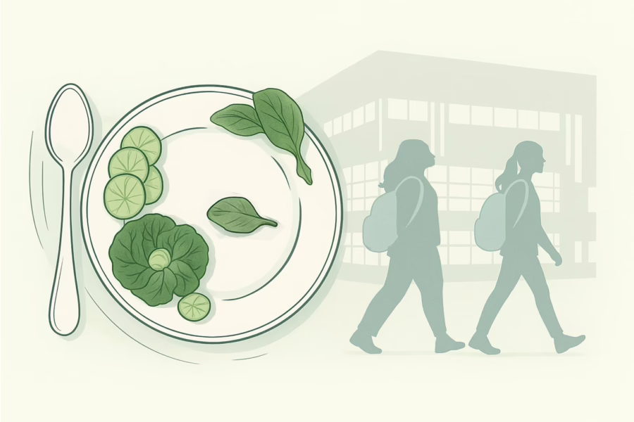 Illustration- concept Supporting Adolescents in IOP and PHP while Balancing School. Plate with food with 2 females with backpacks walking past a school building