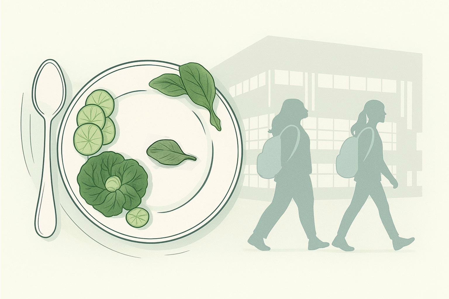 Illustration- concept Supporting Adolescents in IOP and PHP while Balancing School. Plate with food with 2 females with backpacks walking past a school building