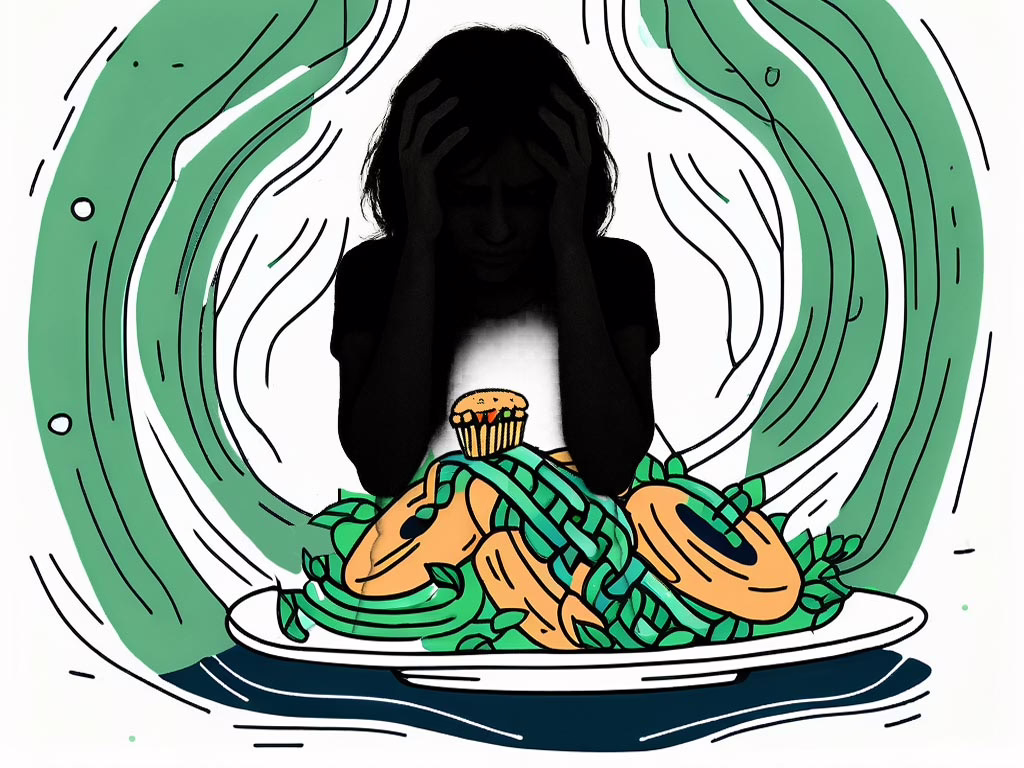 Illustration for a post: Understanding the Link between Binge Eating Disorder and Anxiety: A Guide showing a plate piled high with food and a shilhouette of a female cringing with anxiety behind the plate- a cupcake in front of her.