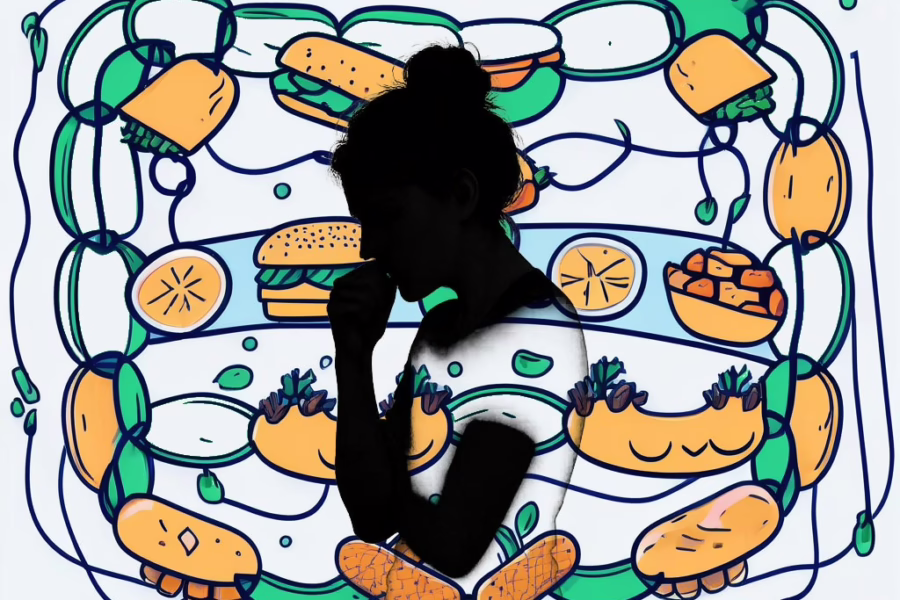 Illustration for a post: Understanding the Link between Binge Eating Disorder and Anxiety: A Guide showing a rows of food along with links food and a silhouette of a female cringing with anxiety.