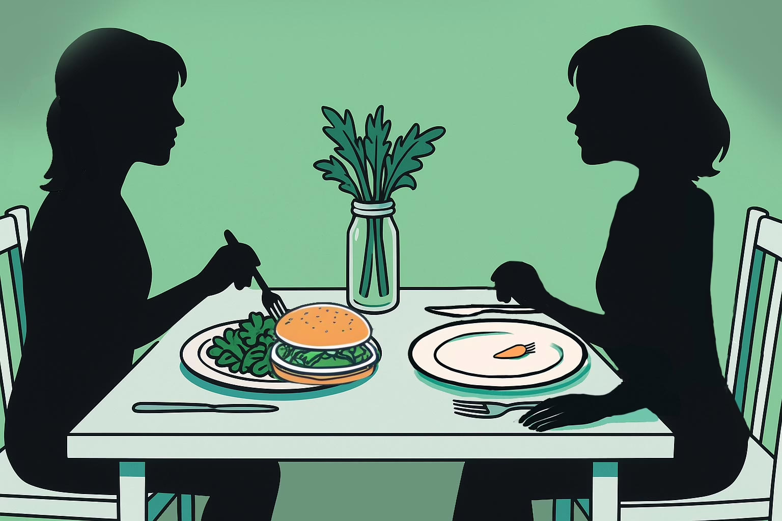 Illustration for a post: When a Friend Should Seek Help for Someone Possibly Facing an Eating Disorder? showing 2 friends sitting opposite each other eating. Thefemale on the left has a regular meal while the female on the right has a tiny carrot on her plate