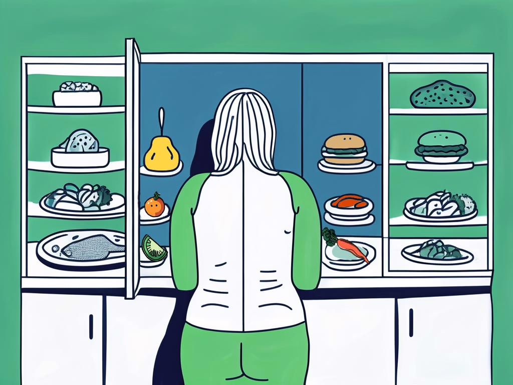 Recognizing the Signs of an Eating Disorder concept-woman facing away looking at shelves with food