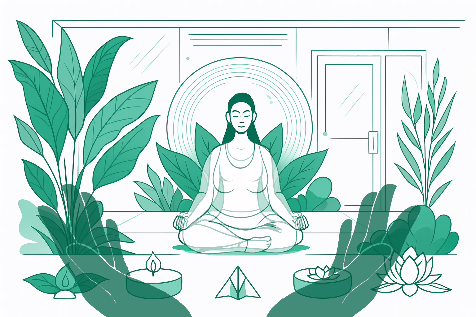 Illustration for the post: Choosing the Right Holistic Eating Disorder Treatment Centers: A Guide showing a slender female with a shadow of a heavier version of her sitting in the lotus position meditating . A building is behind her and tropical foliage, icon symbol of yoag surround her with a linear halo behind her head. In the foreground, open hands offering support.
