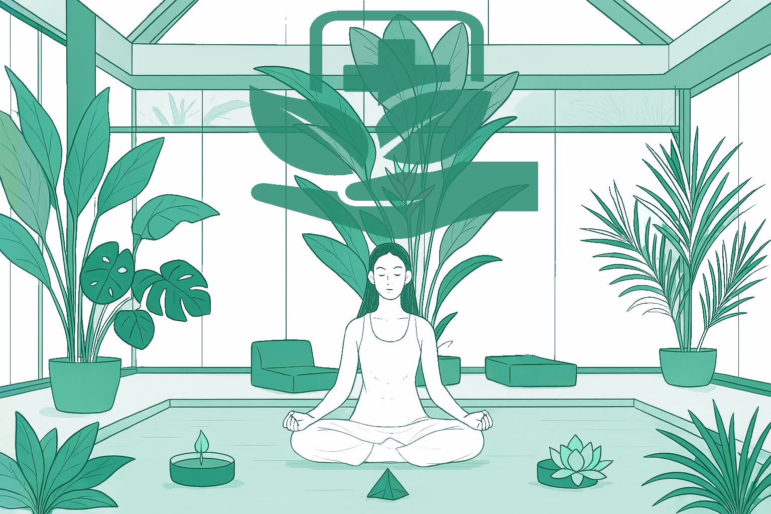 Illustration for the post: Choosing the Right Holistic Eating Disorder Treatment Centers: A Guide showing a female in the lotus position meditating in airy room with tropical plants. The symbol for holistic healing with a hand supporting 2 leaves and the medical cross above her head.