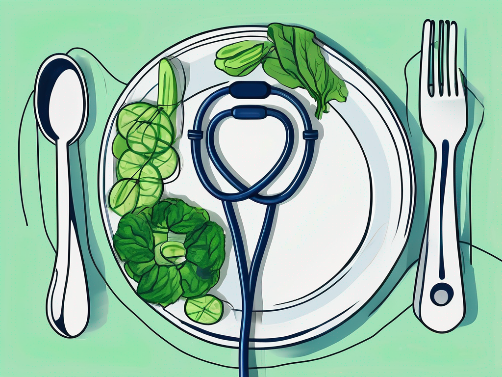 A stethoscope gently wrapped around a plate filled with a balanced diet