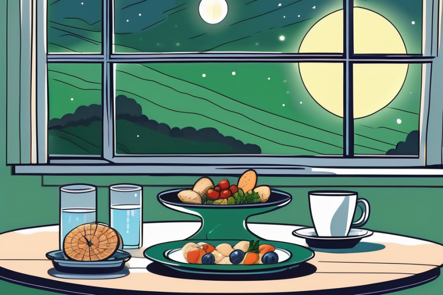 A dimly lit kitchen table with a plate of healthy snacks