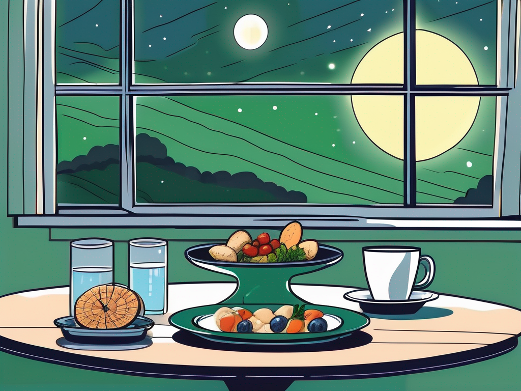 A dimly lit kitchen table with a plate of healthy snacks