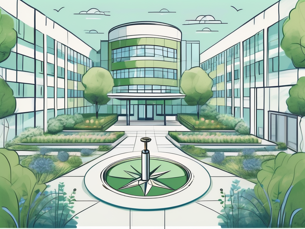 A hospital building with a peaceful garden surrounding it