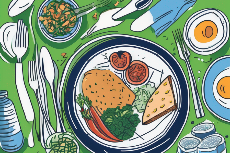 A broken plate with different types of food scattered around it