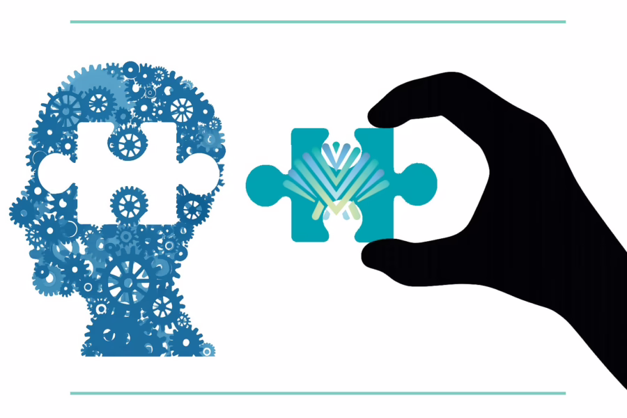 Illustration for post: Navigating the Challenges of Psychiatry Residency Rotations: How ViaMar Health’s HCA Hospital Partnership Fills the Gap showing a silhouette hand holding a puzzle piece with the ViaMar logo about to place it in the silhouette head filled with gears and an open slot for the puzzle piece.