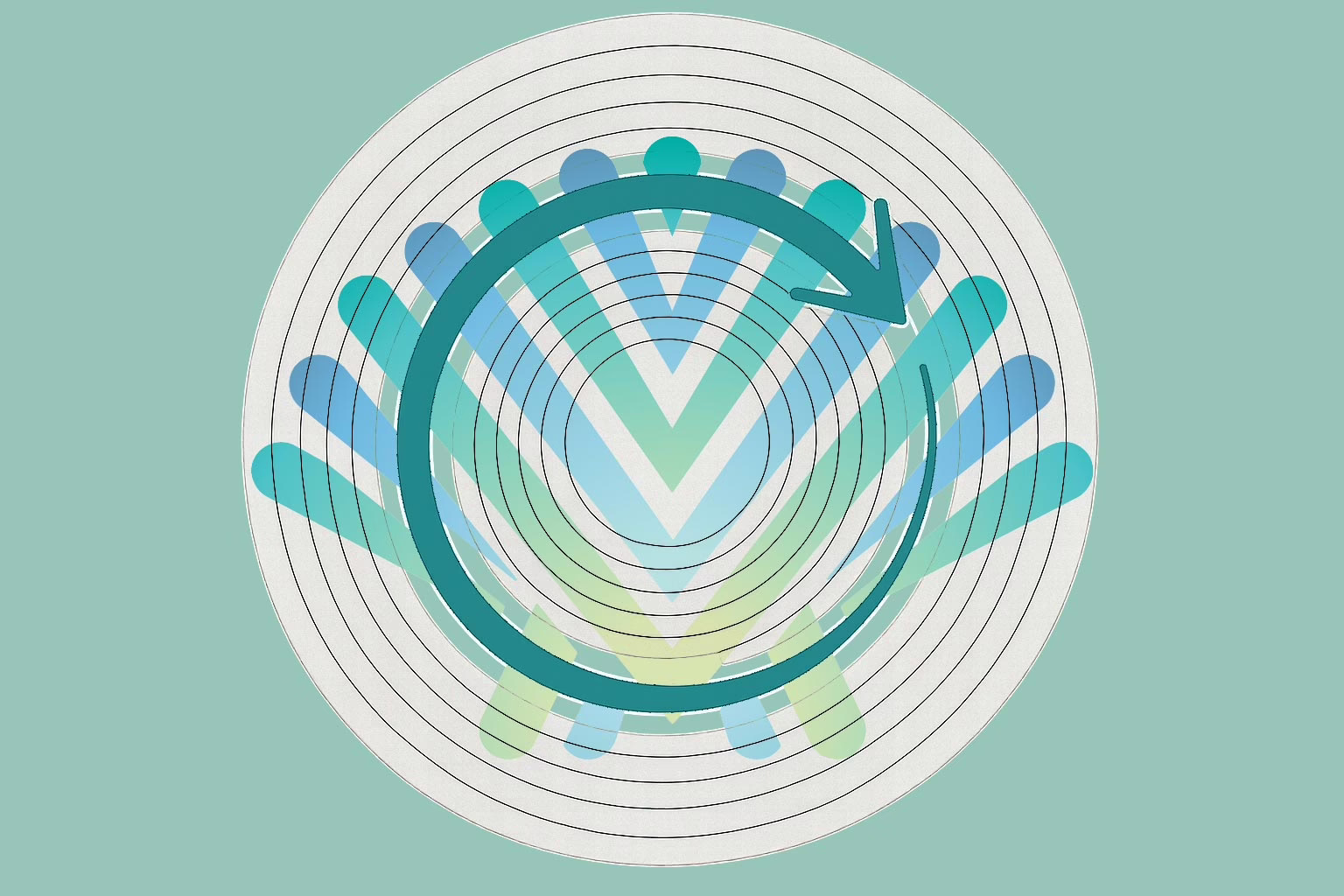 Illustration for post: Navigating the Challenges of Psychiatry Residency Rotations: How ViaMar Health’s HCA Hospital Partnership Fills the Gap showing concentric circles with a teal circular arrow. The Viamar logo is translucentin the center.