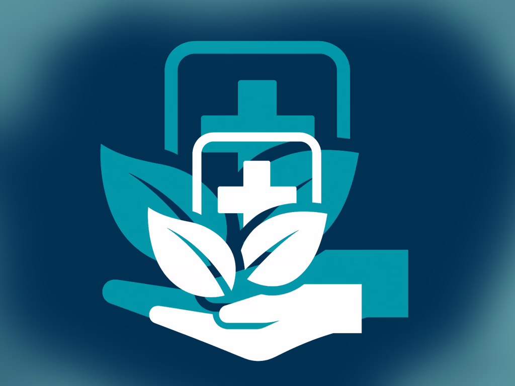 Illustration of the post: Understanding the 4 Levels of Eating Disorder Treatment: A Comprehensive Guide showing a medical holistic white icon of a supporting hand with two leaves and a medical cross symbol above. A  larger teal version is behind on a navy ground
