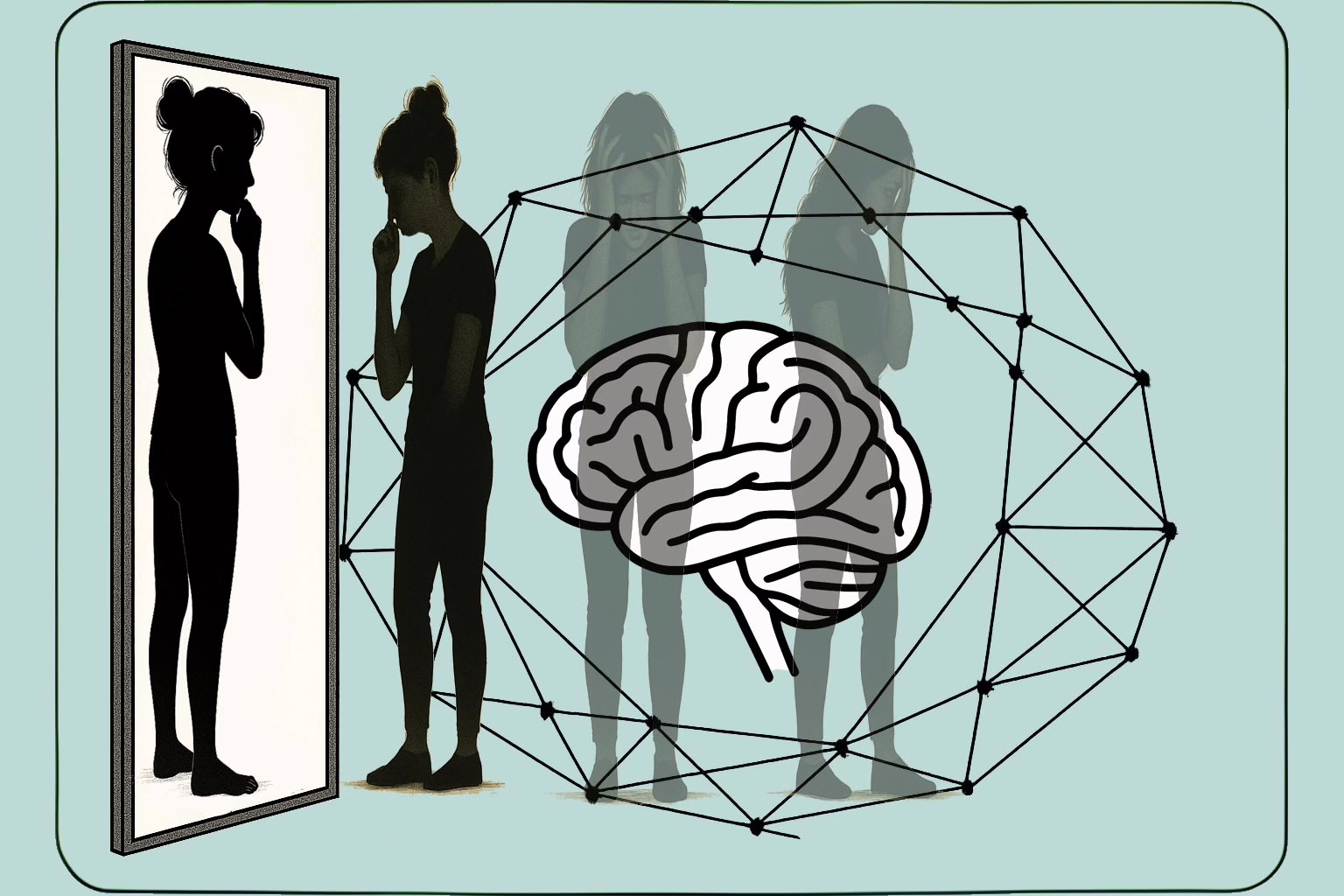 Illustration for post: Anorexia Nervosa: Causes, Symptoms, and Effective Treatment Options showing a mirror with the reflection of a skinny girl facintg the mirror. Two other figures in positions of despair are seen through a brain surrounded by a geometric shape with connecting lines and dots.