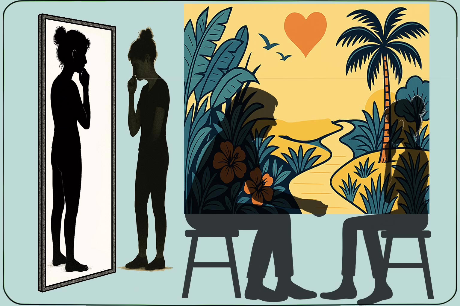 Illustration for post: Anorexia Nervosa: Causes, Symptoms, and Effective Treatment Options showing a mirror with the reflection of a skinny girl facing the mirror. Two other figures i seated during a therapy session with a glowing tropical landscape and winding pathway