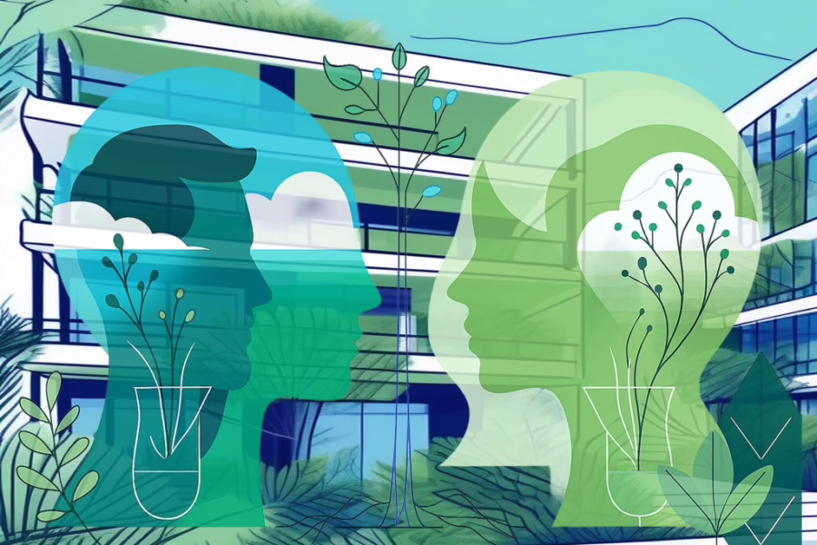 Choosing the Right Eating Disorder and Alcohol Treatment Centers concept- illustration of 2 heads facing each other with treatment center behind them