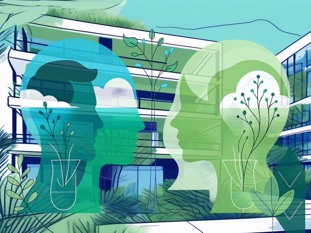 Choosing the Right Eating Disorder and Alcohol Treatment Centers concept- illustration of 2 heads facing each other with treatment center behind them