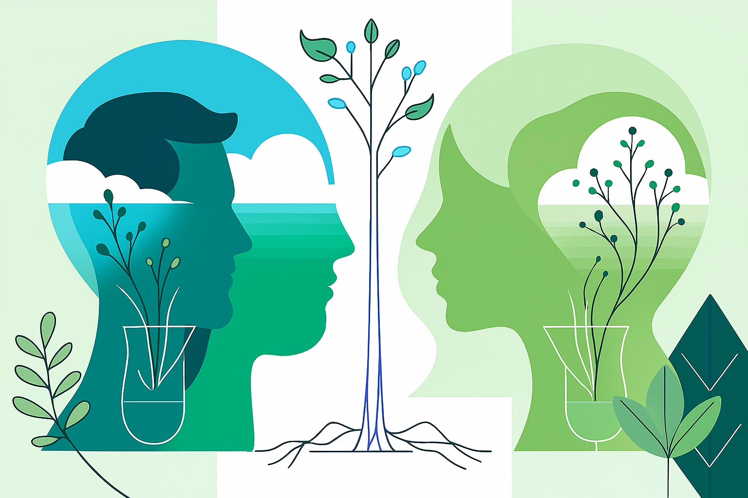Choosing the Right Eating Disorder and Alcohol Treatment Centers concept- illustration of 2 heads facing each other abstract elements