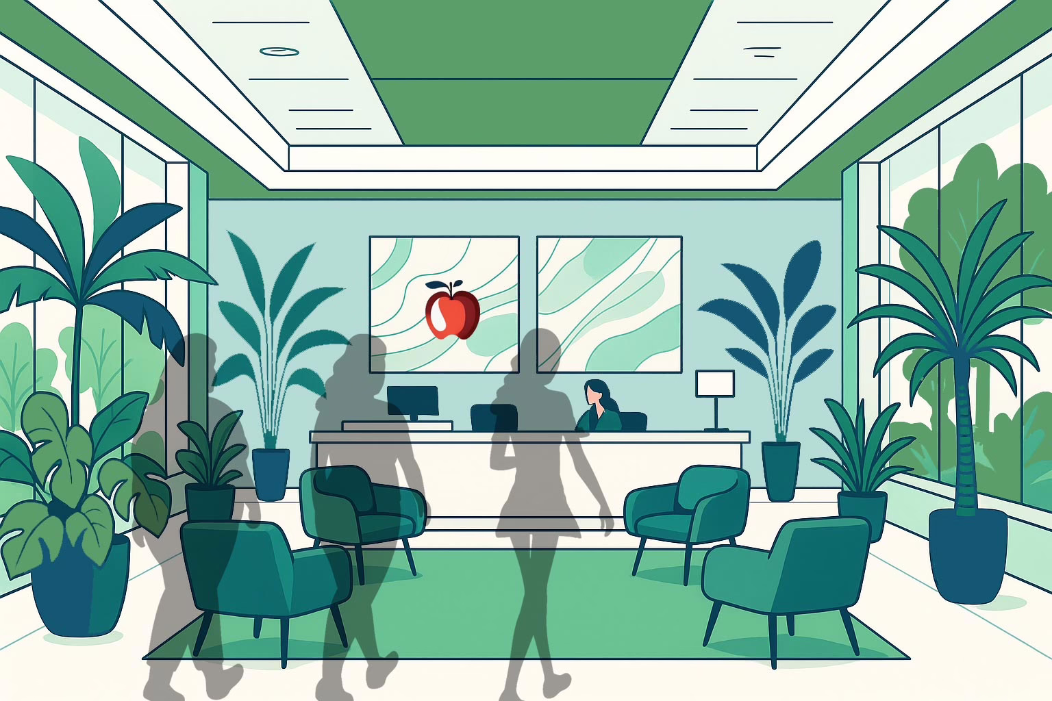 Illustration of post: Choosing the Right Residential Eating Disorder Treatment: What You Need to Know showing a reception room with semi transparent silhouettes of 3 different sized females walking towards the desk. A red apple is in a frame behind the desk.