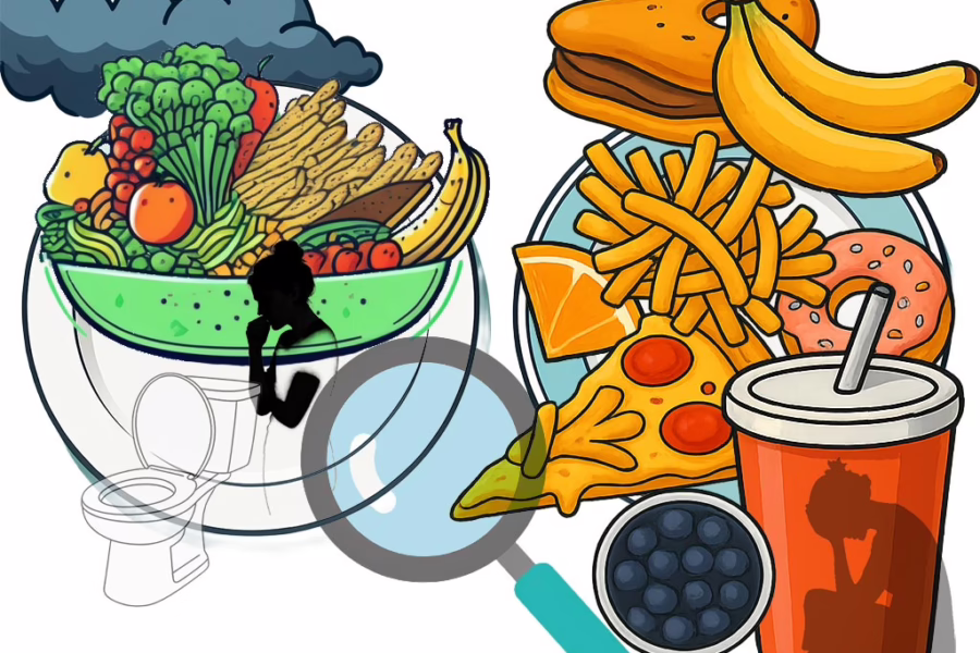 Illustration for post: Examining the Primary Distinction Between Bulimia Nervosa and Binge Eating Disorder showing two plate filled with foods, a magnifying glass, a toilet, a teenager in the corner with arms around her knees, and a woman contemplating
