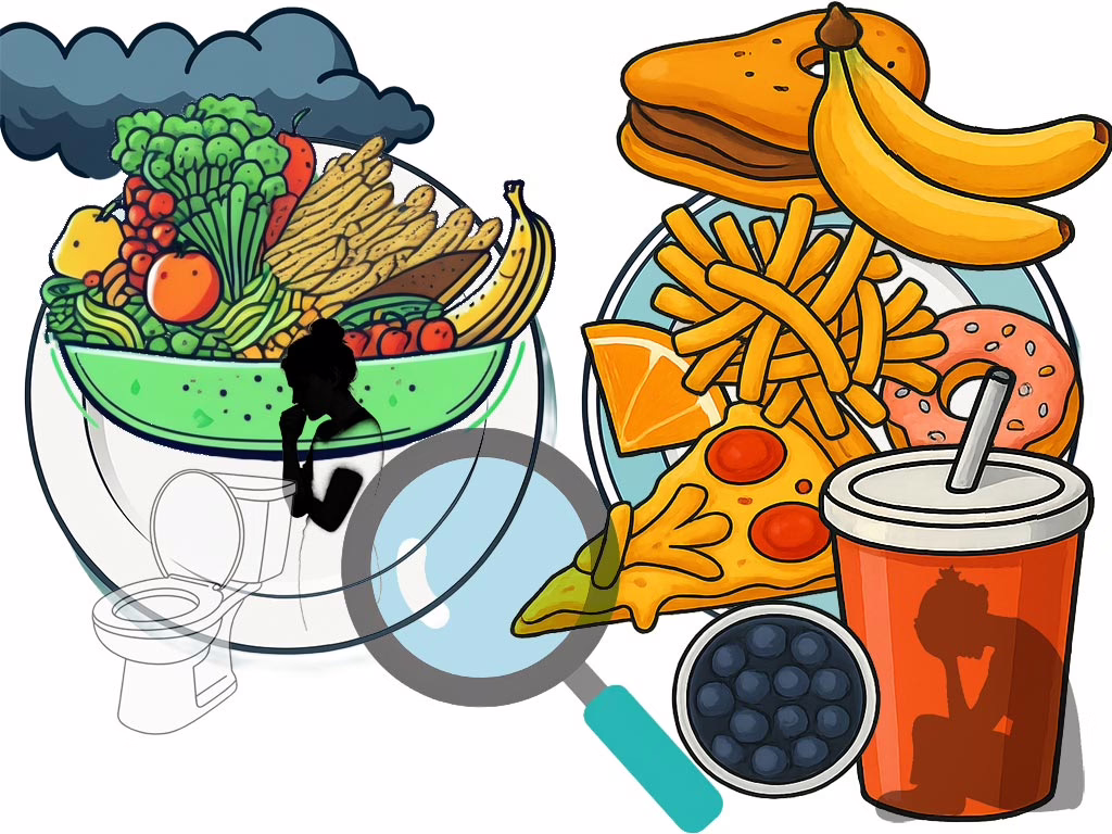 Illustration for post: Examining the Primary Distinction Between Bulimia Nervosa and Binge Eating Disorder showing two plate filled with foods, a magnifying glass, a toilet, a teenager in the corner with arms around her knees, and a woman contemplating