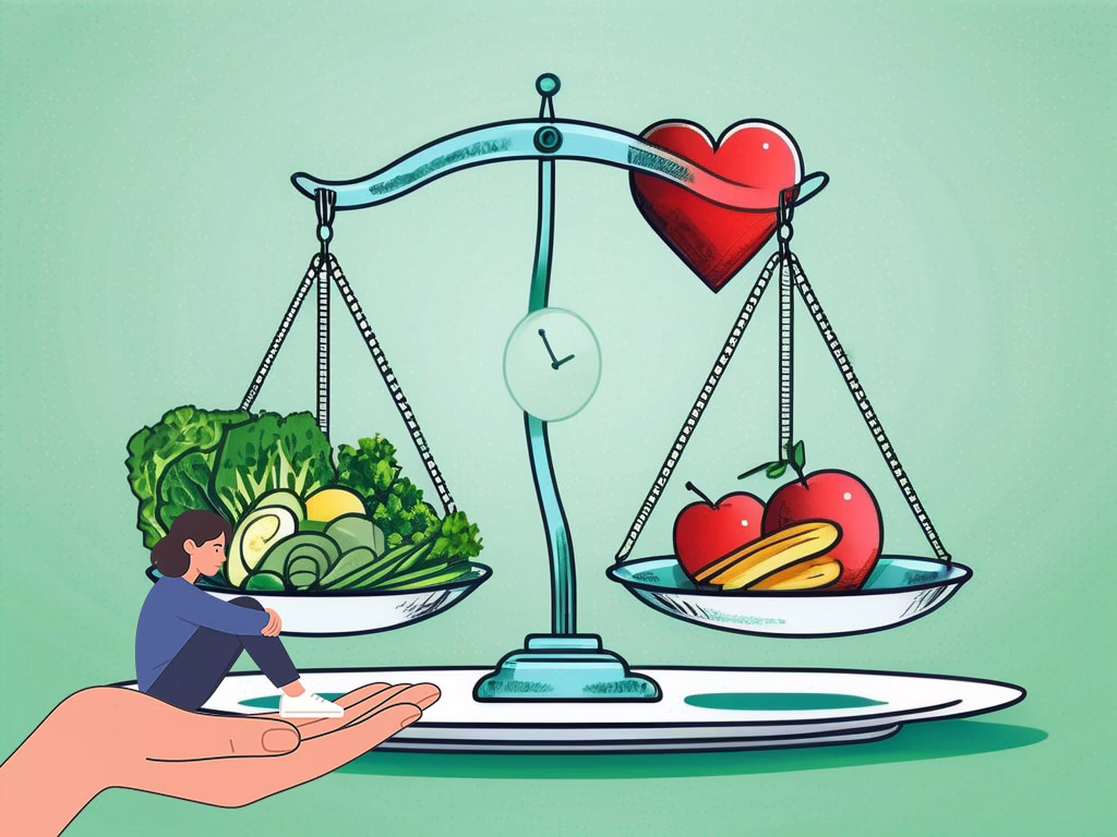 Illustration for post: Making the Choice: Inpatient Eating Disorder Treatment for Teenagers showing a female teenager sitting in a supportive had looking at then old fashion food scale with both is arms supporting fruit and vegetables